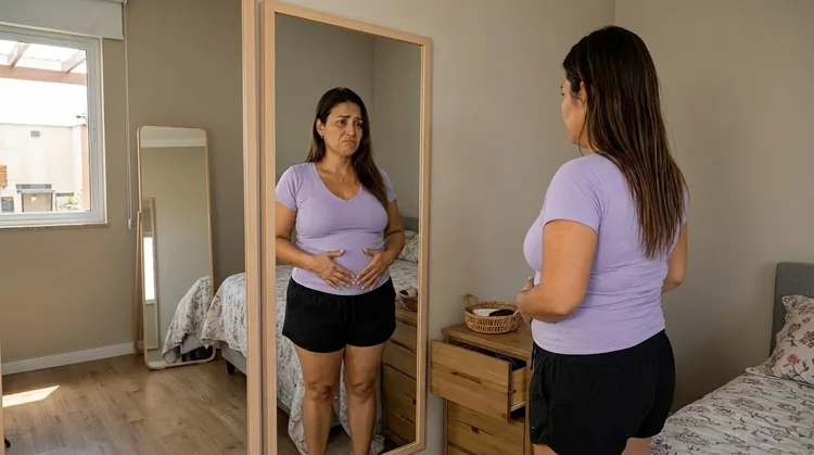 Mulher preocupada com a barriga no espelho